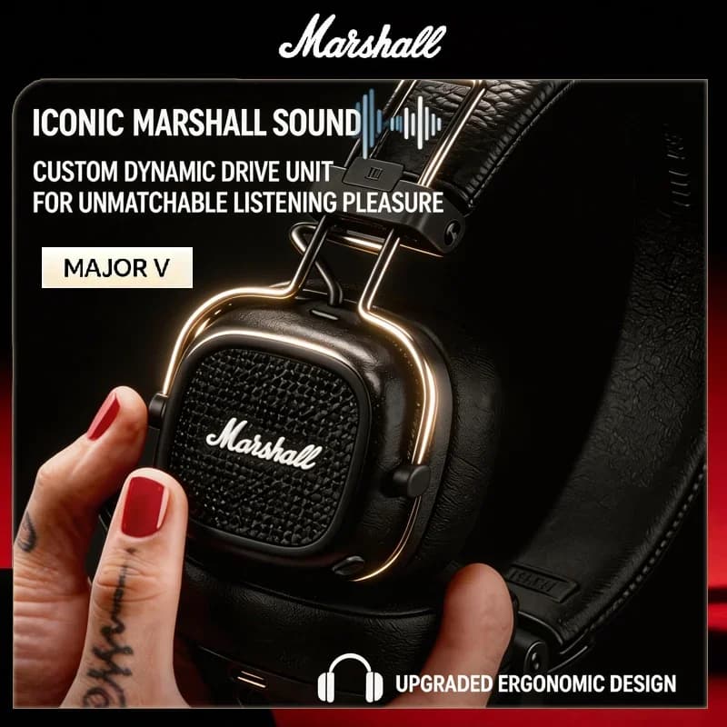 Cuffie Bluetooth Wireless Marshall Major V 5 con Microfono, Pieghevoli, Stile Pop Rock Retrò, Compatibili con l'App Marshall Bluetooth