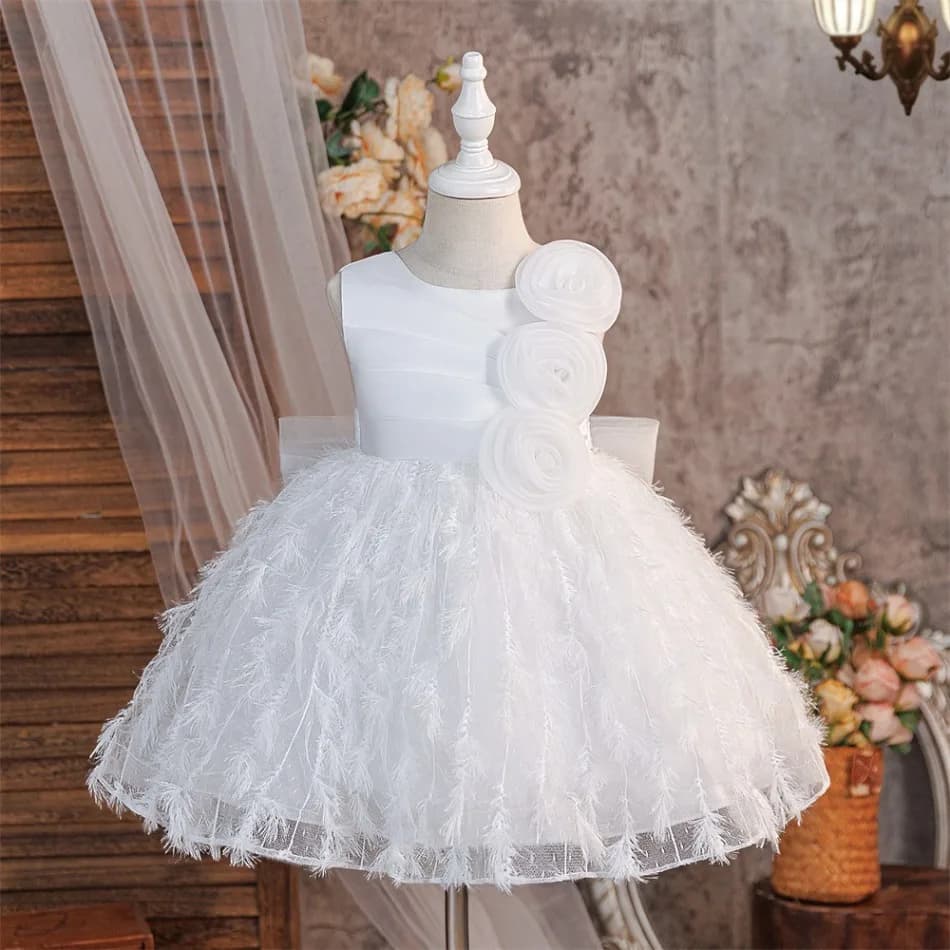 Girls Sleeveless White Feather Tulle Flower Dress Side 3D Rose Fluffy Feather Skirt Children Birthday Formal Gown Costume ASQ03