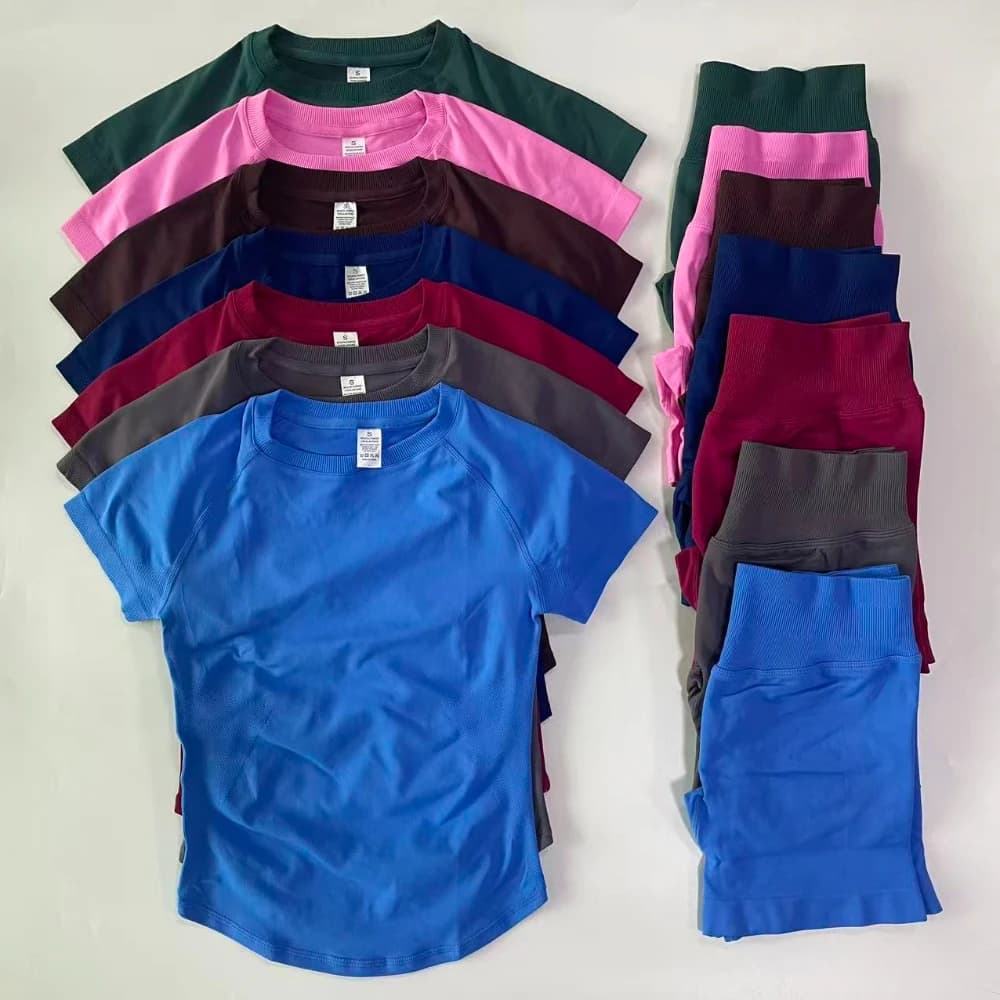 Set da 2 pezzi Completo da donna Palangre Manica corta Palestra Crop Top Vita alta Pantaloncini da allenamento Tuta sportiva Abbigliamento fitness Set da yoga