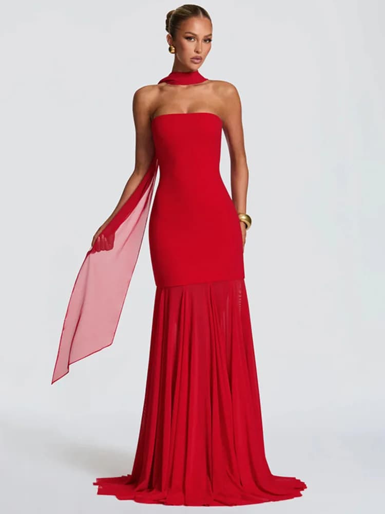 Mozision Abito lungo sexy senza spalline con spalle scoperte Donna Elegante colletto a sciarpa Senza maniche Backless Bodycon Club Abiti lunghi da festa