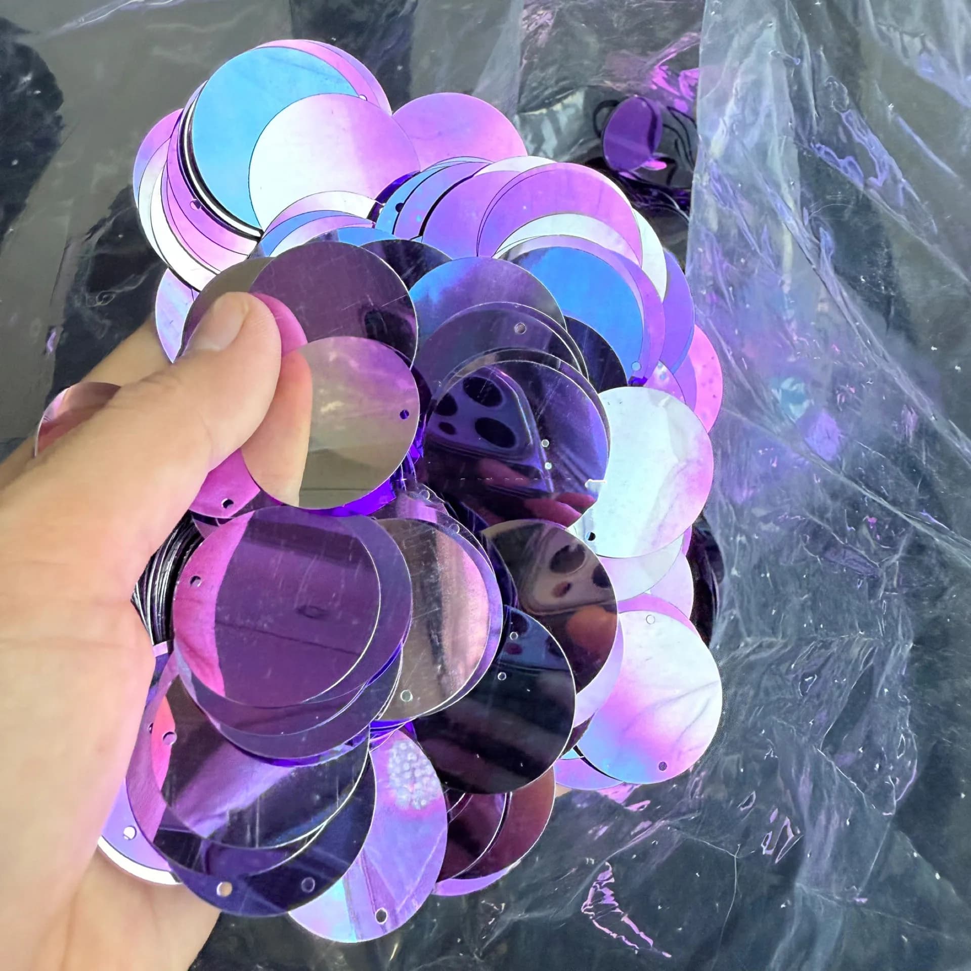 Nuove paillettes rotonde sfumate argento viola da 30 mm, 50 g, per cucito fai da te, accessori decorativi per matrimoni, con foro sul bordo, 1 pezzo.