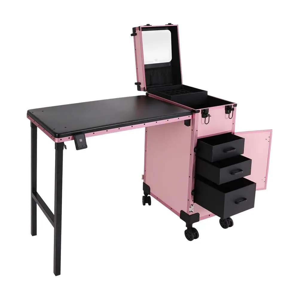 Tavolo Portatile per Manicure con 3 Cassetti, Valigetta Trucchi Bloccabile con Specchio LED e Organizer per Smalti, Tavolo Pieghevole per Unghie