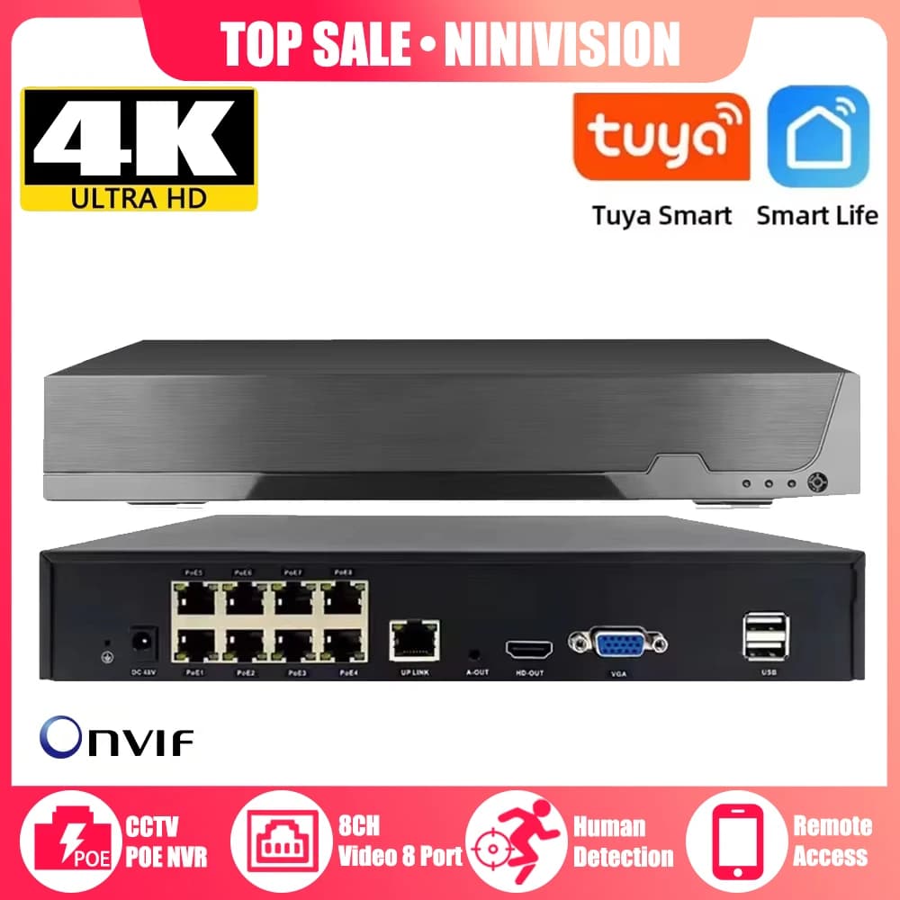 4K 8MP Tuya Smart Life 8CH Rilevamento volto umano POE ONVIF NVR Videoregistratore Sistema CCTV Rete P2P Videocamera di sorveglianza