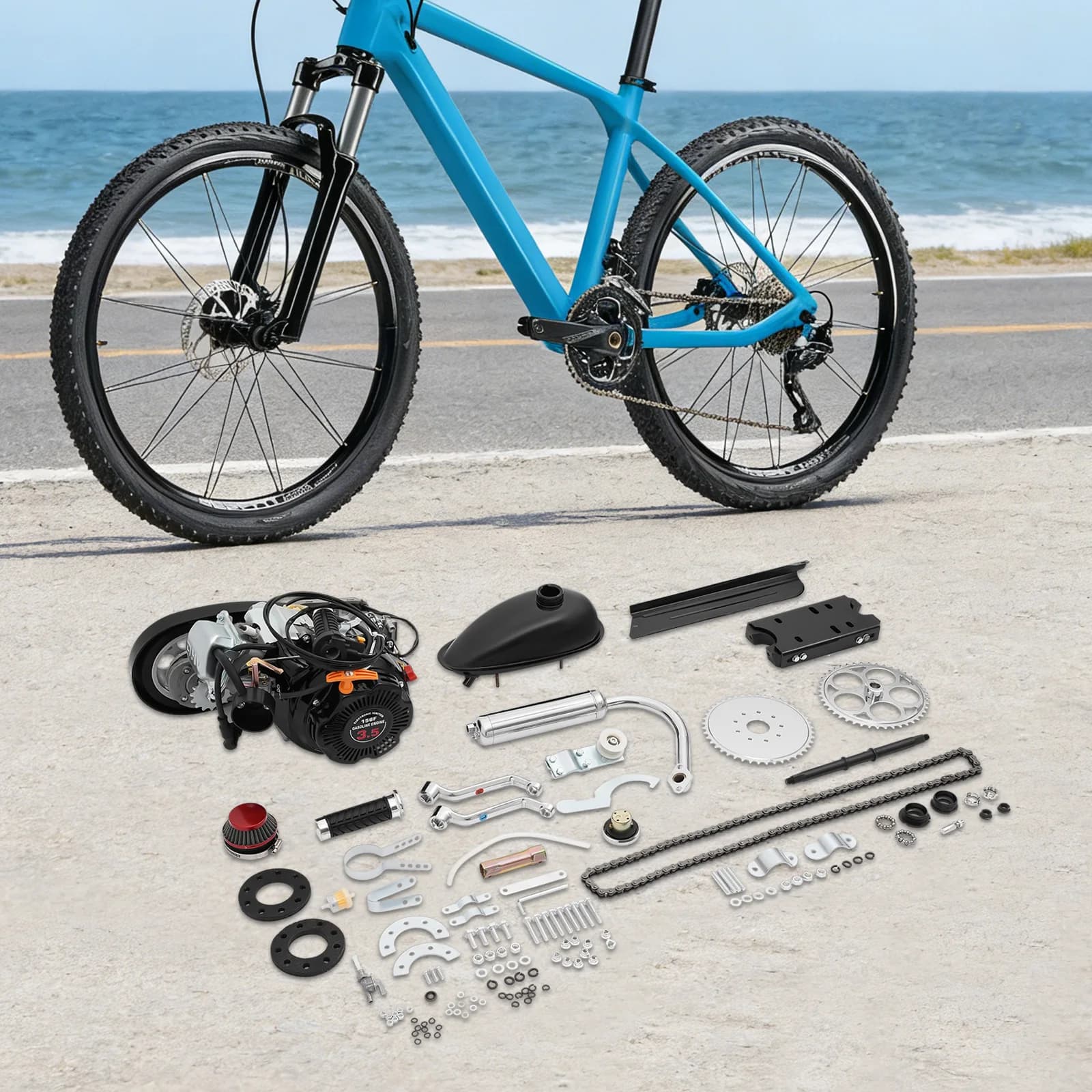 100cc 4-Stroke Gasoline Engine Kit, 3.5HP 2kW Bicycle Motor Conversion Kit, 3600rpm Max Speed, 50km/h Top Speed, Aluminum Housing, Rust-Proof Chain, Rubber Nylon Belt, Long Running Time, DIY Bike Engine Parts