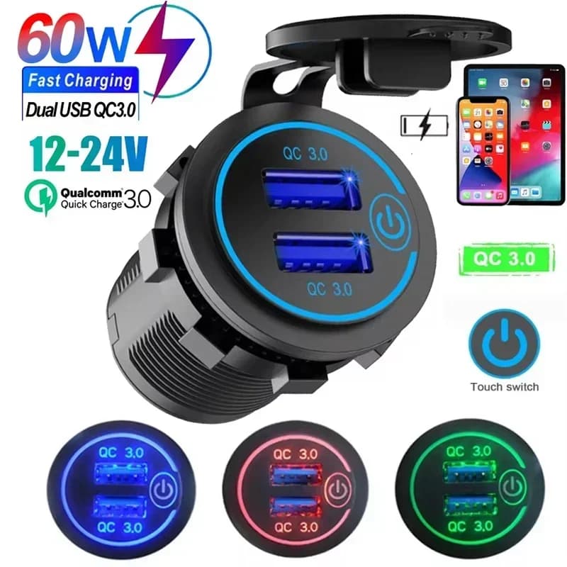 QC 3.0 Double USB 60 W 12 V/24 V Dual Car Charger Clamp with Power socket switch for Quckly Charging Adapter for Car