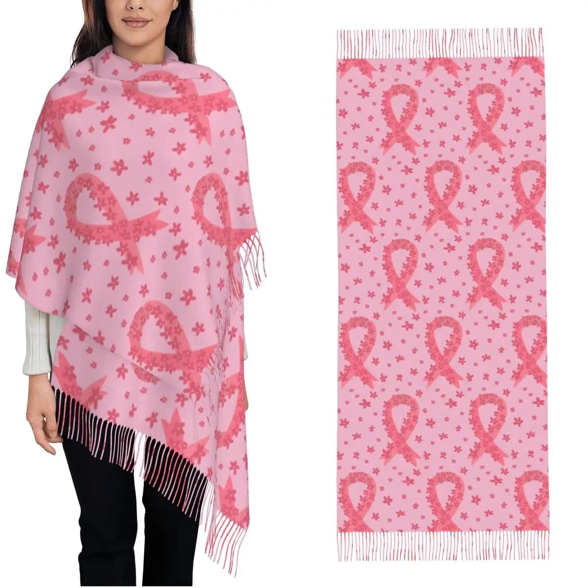 Sciarpa a nastro rosa Scialli Pashmina caldi invernali e sciarpe lunghe per la consapevolezza del cancro al seno con nappa per l'uso quotidiano