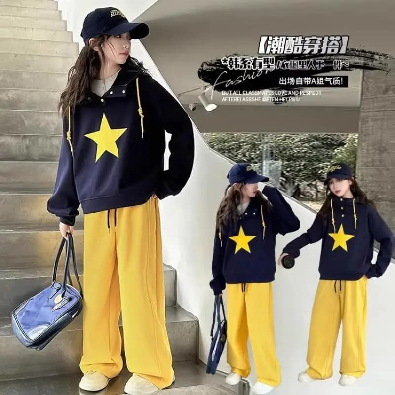 Pantaloni casual a gamba dritta per cartoni animati larghi da ragazza Felpa Abito autunnale Set di cappotti Kawaii Moda 2 pezzi Abbigliamento per bambini Ragazza