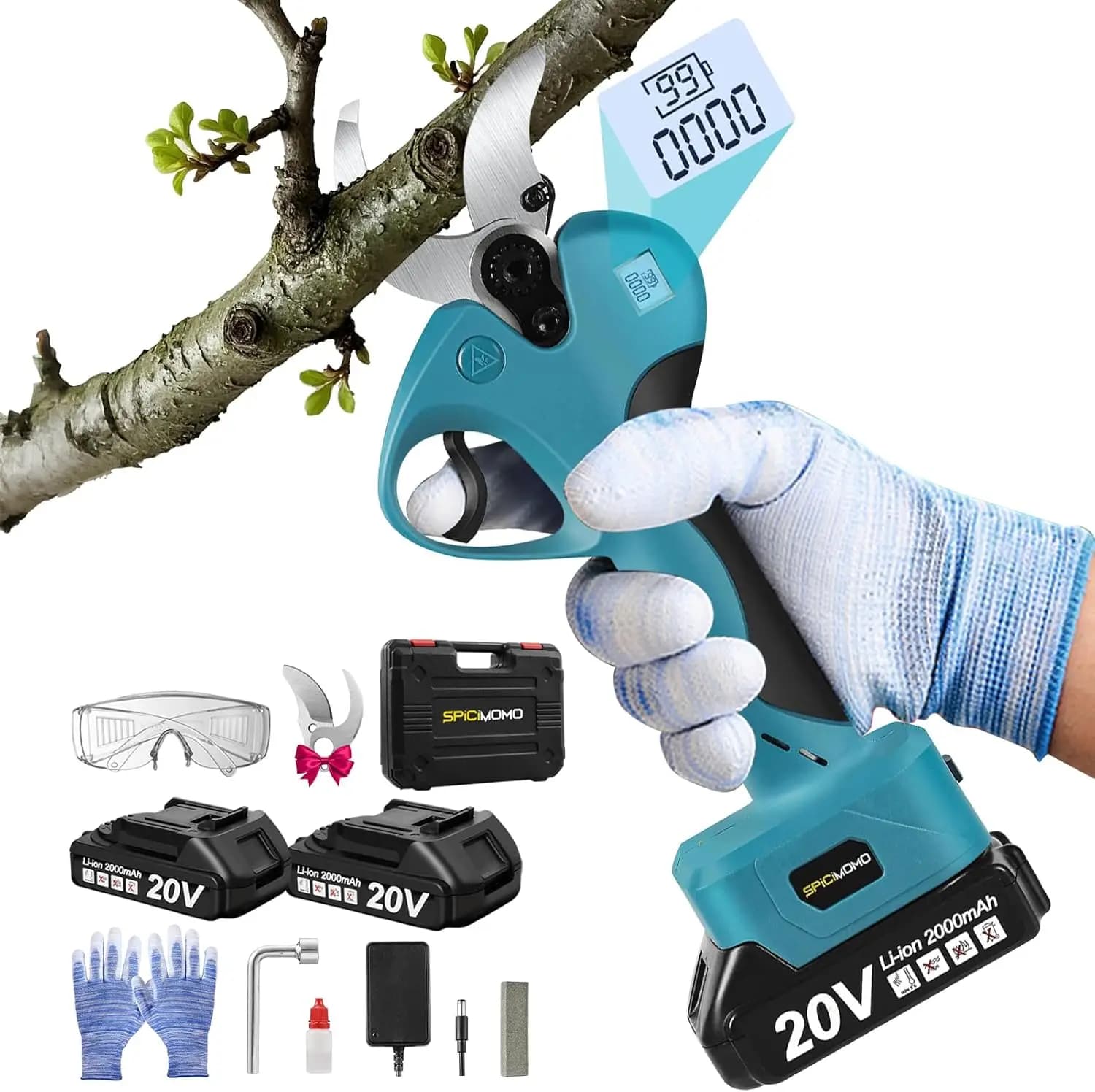 Forbici Elettriche a Batteria 20V, Diametro Massimo di Taglio 40mm, Due Batterie da 2.0Ah, Caricabatterie, Lame di Ricambio, Attrezzi da Giardinaggio Resistenti