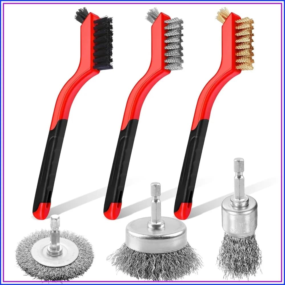 6Pcs Wire Brushes for Rust Cleaning, Nylon, Brass, Stainless & Carbon Steel Bristles, 7-Inch Handle & 1/4-Inch Hex Shank