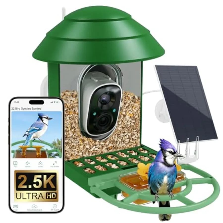 Bird Feeder with Camera for Outdoor Bird Watching, ABS Plastic, Green, Smart Solar Power, AI Identification 2.5K Ultra HD Video