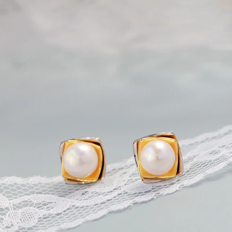 Inlaid Natural Freshwater Pearl Earring Elegant Fashion Creative Idea Stereoscopic Square Authentic 925 Sterling Silver Earring