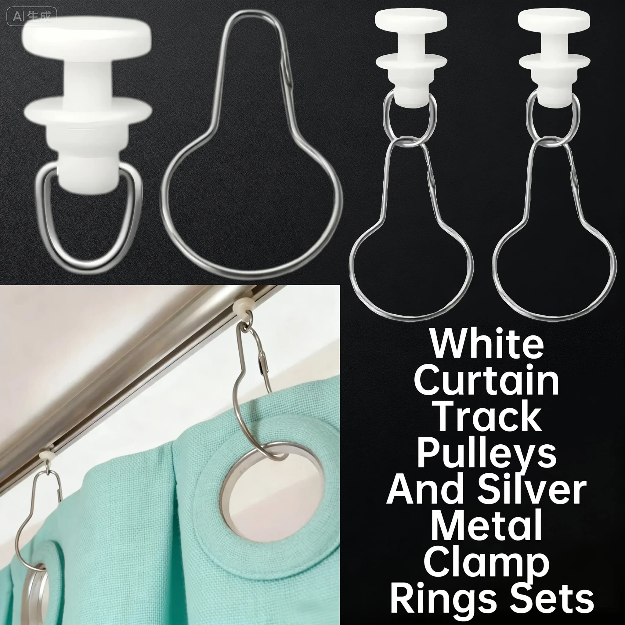 60Pcs Curtain Track Pulley Rollers with Metal Gourd Rings White Plastic Smooth Sliding Gliders Curtain Rail Accessories