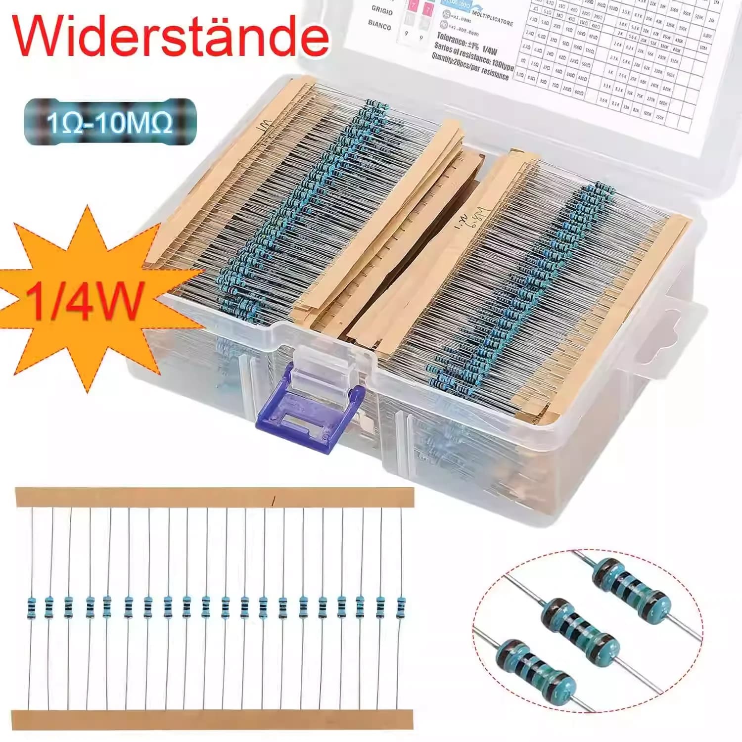 Kit Assortito di 2600 Resistenze a Film Metallico 1/4W 0.25W, 130 Valori, Pacchetto di Resistenze Comuni per Progetti Elettronici Arduino Fai-da-Te
