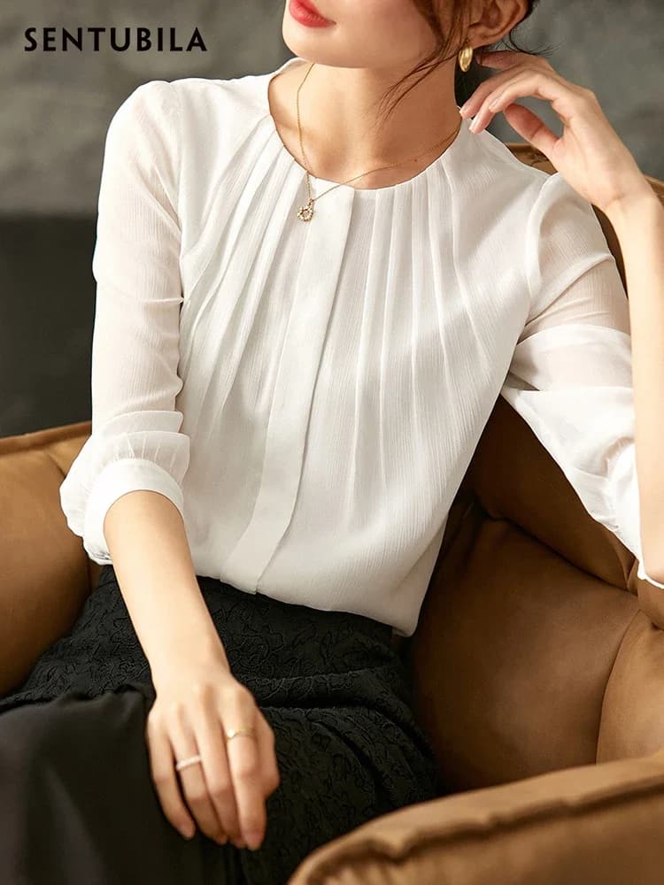 SENTUBILA White Chiffon Shirt for Women 2026 Elegant Fashion Three Quarter Sleeve Pleated Button Down Shirts & Blouses Woman Top
