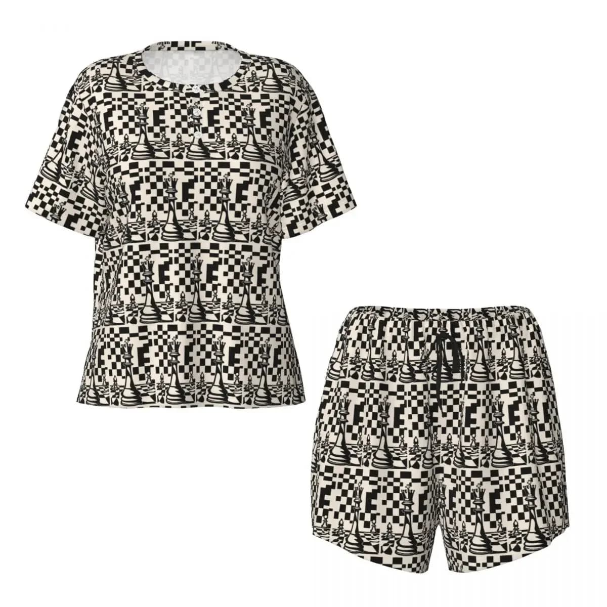 Chess Pieces On Board Round Neck Short Sleeve Nightgowns for Sleeping Sleepshirts Women Loose Pajama Set Short Pants