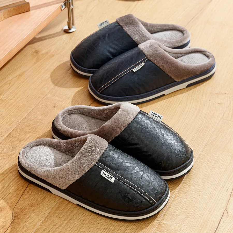 Large Size Winter Men's Slippers For Interior Waterproof PU Leather Large Size Cotton Shoes For Home Flat Cotton House Shoes For Bedroom Fur
