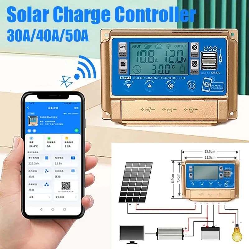 Regolatore del pannello solare bluetooth 30A/40A/50A/60A LCD ad alta definizione Ampio display digitale Regolatore di carica solare 12/24VMPPT