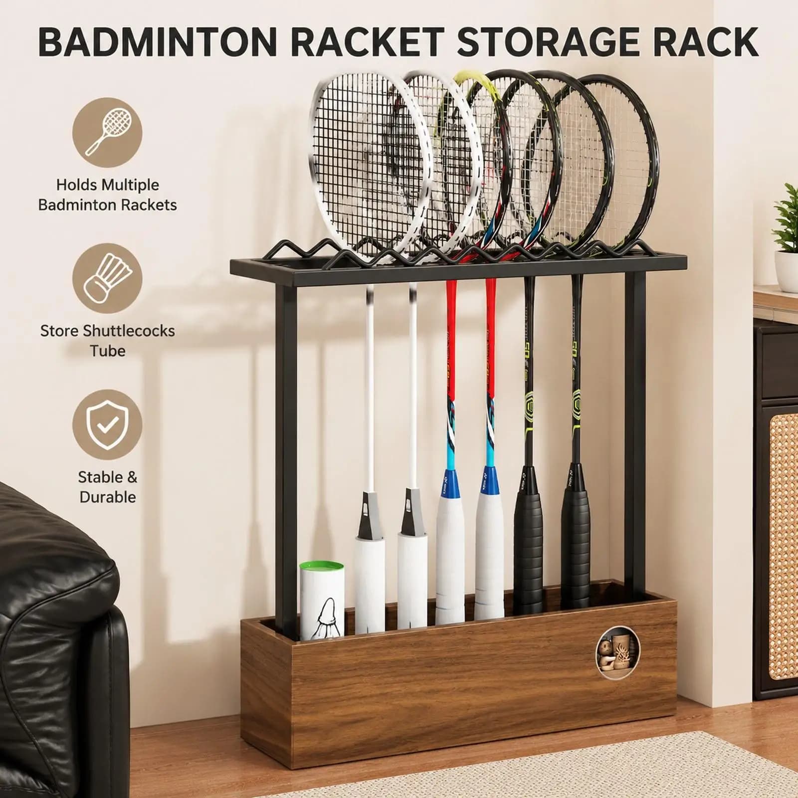 Supporto Salvaspazio per Racchette da Badminton in Ferro e Legno, Organizzatore per Racchette da Tennis per Garage e Palestra