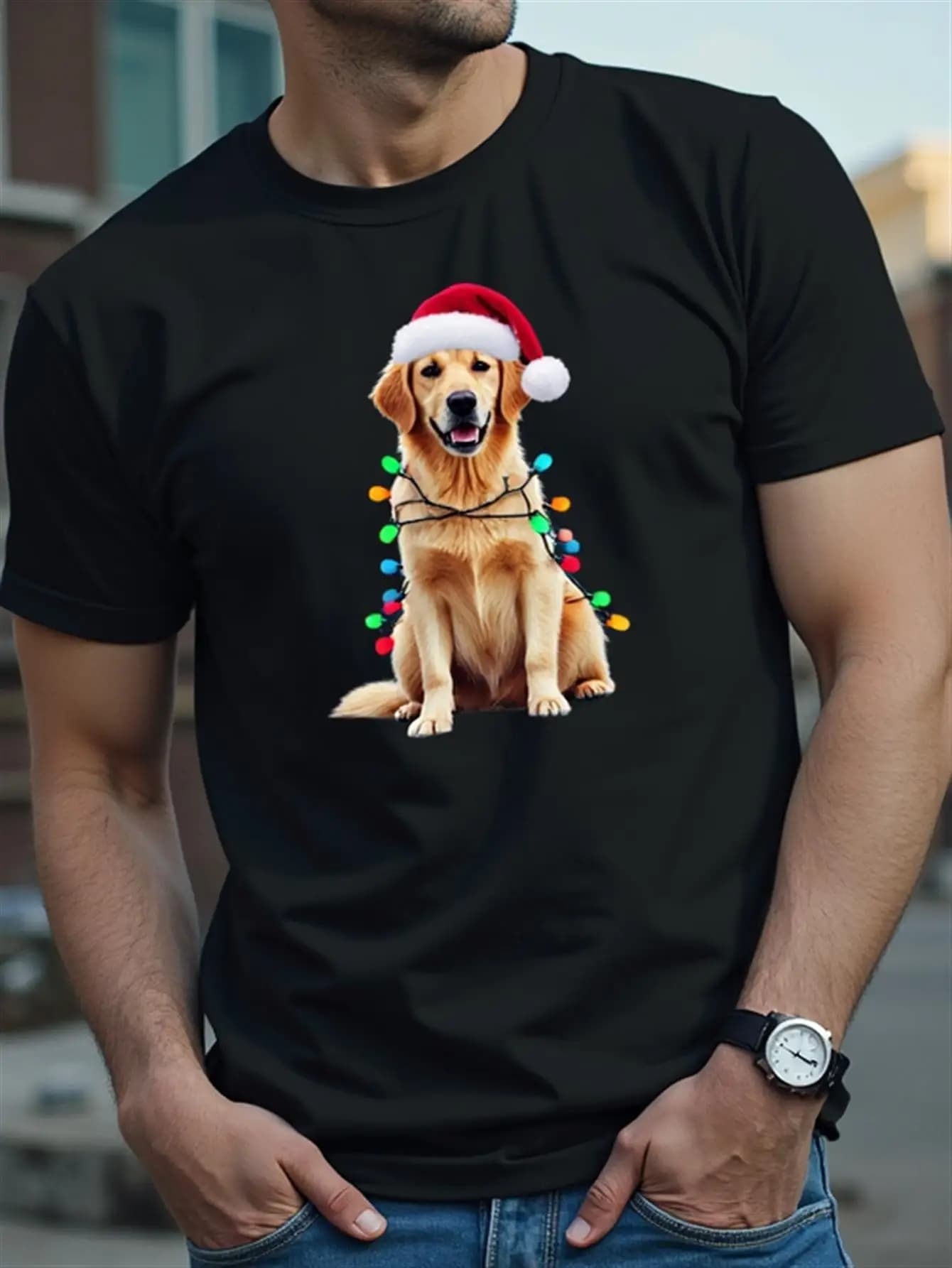 T-shirt natalizia con motivo Golden Retriever Camicia natalizia nera con cappello natalizio e design leggero T-shirt pura morbida e traspirante adatta per gli amanti dei cani Abbigliamento casual e feste di Natale Regalo ideale per i proprietari di animali domestici
