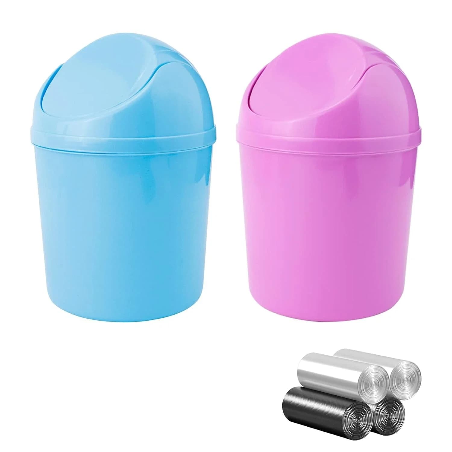 Set di 2 mini cestini per la spazzatura con coperchio oscillante, set di cestini da scrivania con 120 sacchetti, per casa, ufficio, cucina, bagno, blu+viola