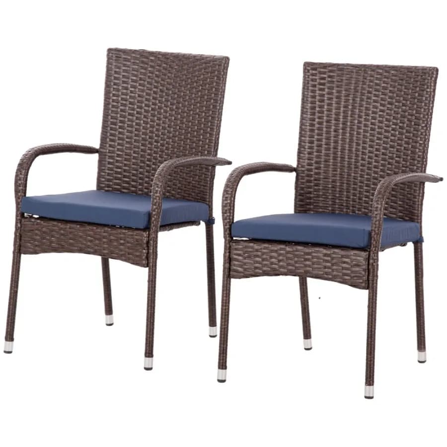 Contemporary stacking patio chair for outdoor dining: blue wicker frame with cushion, lightweight and weather-resistant