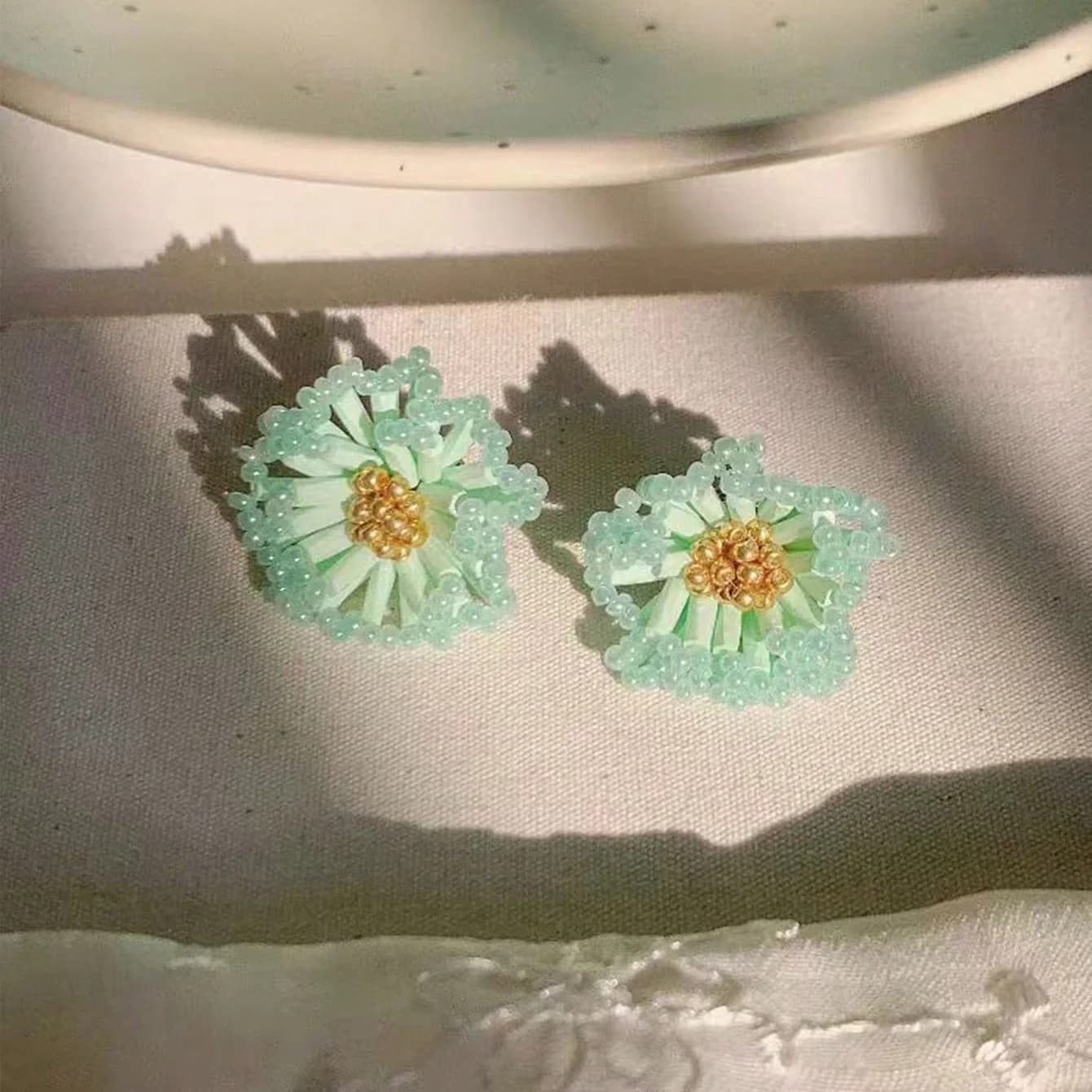 Button Earrings with Sweet beads in Rural Style Green Fresh Summer Floral Earrings for Women Vacation Accessories