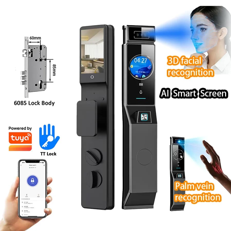 Serratura Intelligente Impermeabile con Riconoscimento Facciale AI, Schermo Smart Tuya, Sicurezza Palmare, Serratura Digitale