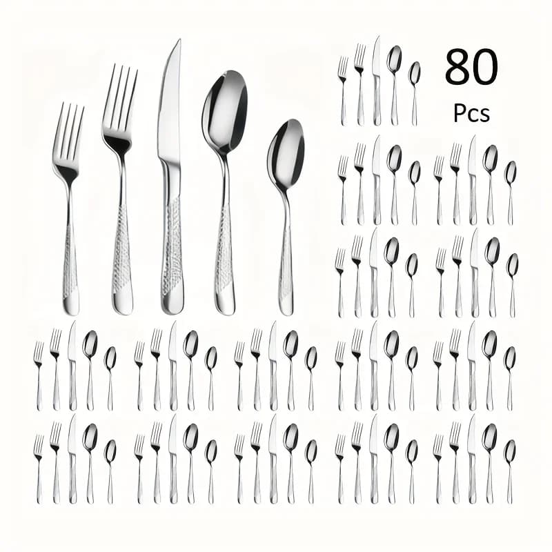 Set di posate da 80 pezzi, set di posate martellate indispensabili per la cucina per 16 persone, set di utensili da tavola che include cucchiai, forchette e coltelli, finitura a specchio, regali di Natale consigliati, set di posate in acciaio inossidabile per feste, riunioni di famiglia, matrimoni