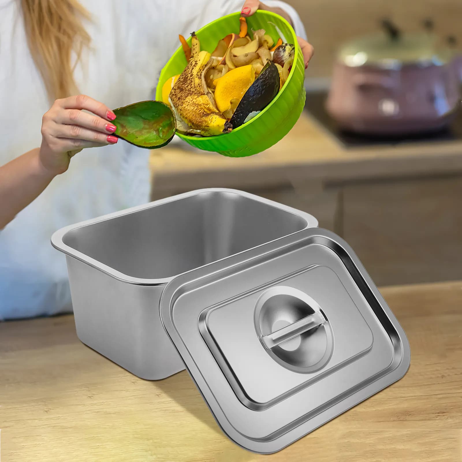Cestino per Compost in Acciaio Inossidabile con Coperchio, Contenitore per Rifiuti Alimentari da Cucina, Bidone da Tavolo per Rifiuti Organici
