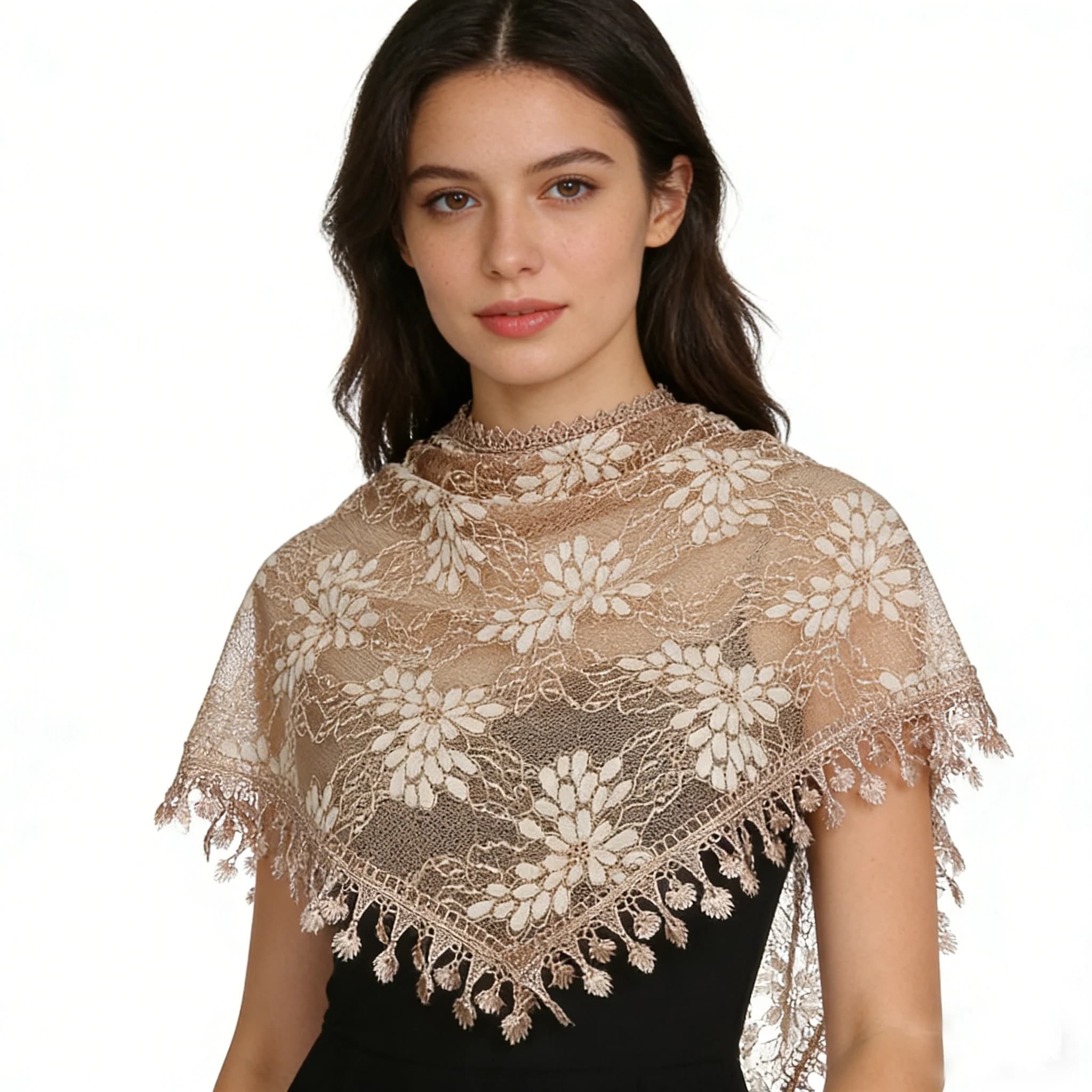 Triangular scarf in Tulle with Floral embroidery in Pizzo Bohemien, Velo da Sposa con Nappe e Ciondolo Traforato, Copricapo per Feste Serale