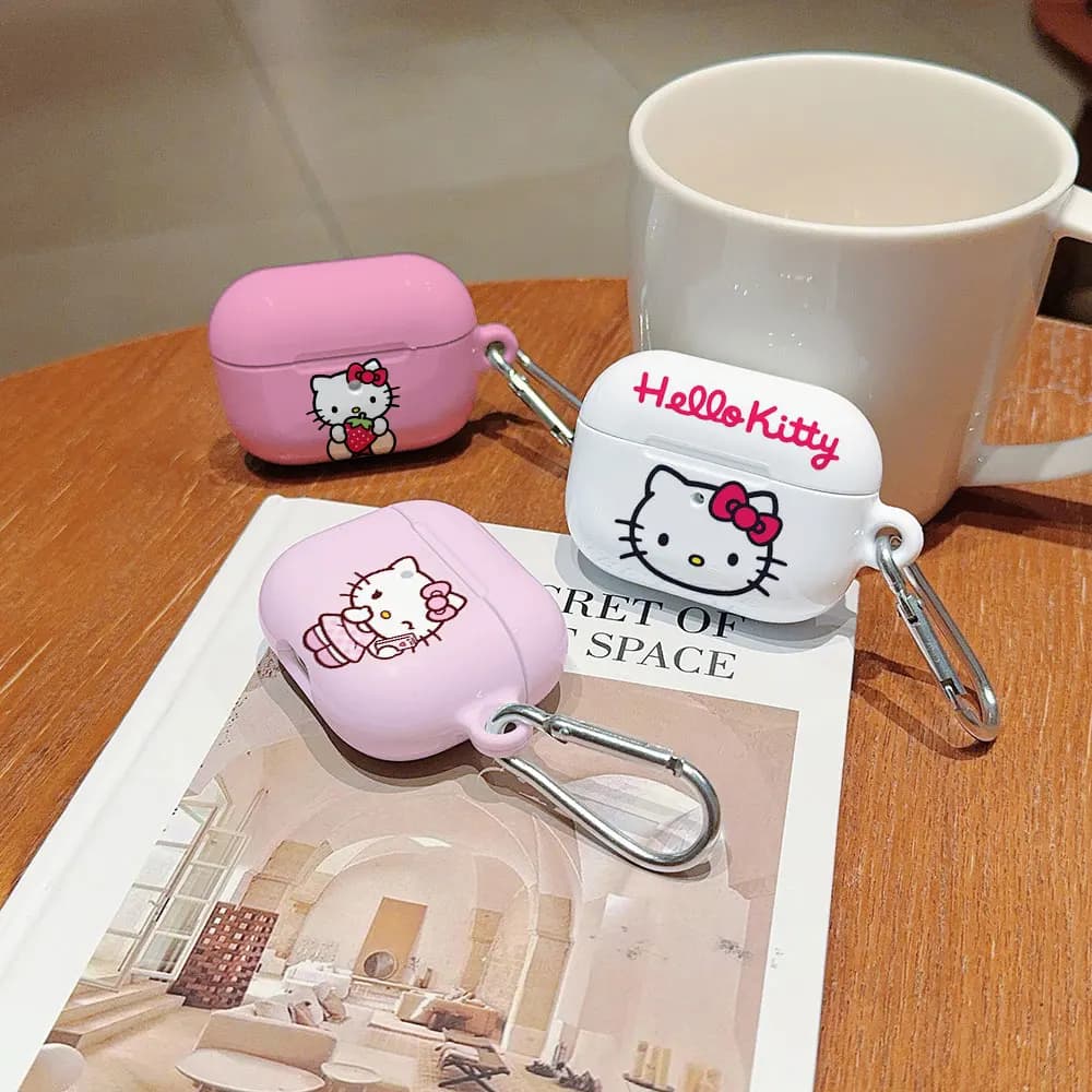 Cute pink Hello Kitty custodia protettiva antiurto lucida HD rigida per PC per AirPods auricolare 1 2 3 Pro Pro2 con gancio in metallo