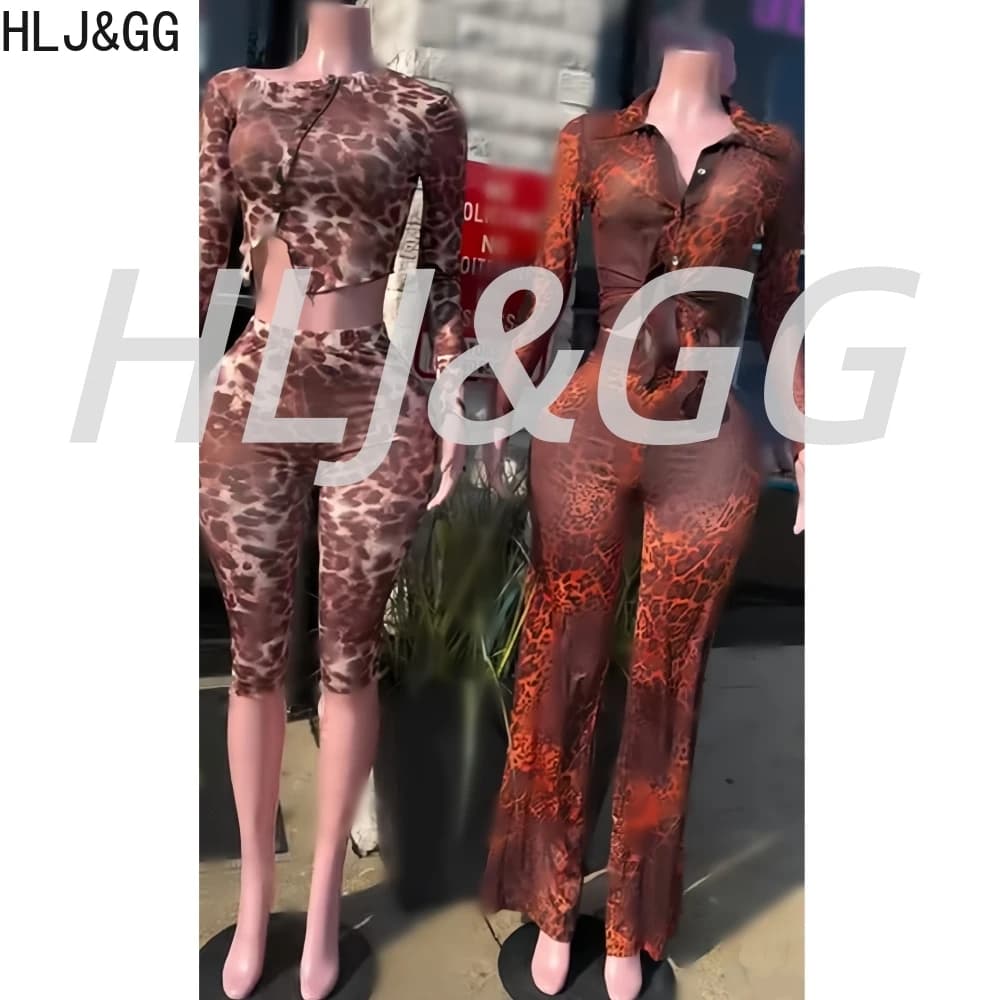 HLJ&GG Sexy Leopard Print Mesh See Through Two Piece Sets Women V Neck Button Long Sleeve Top And Pants Outfits Y2K Streetwear