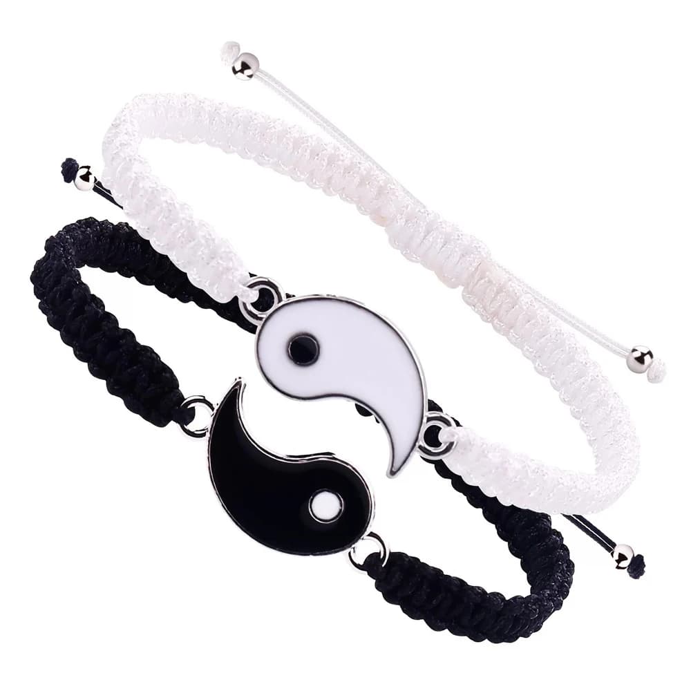 1 set di 2 semplici braccialetti regolabili telescopici in corda intrecciata bianca e nera con simboli Yin e Yang di Tai Chi per uomo e donna