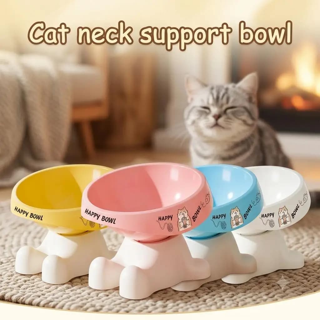 Cute Elevated Cat Bowl with Stand Neck Protection Pet Food Feeder Anti-slip Anti-toppling Design for Cats and Dogs