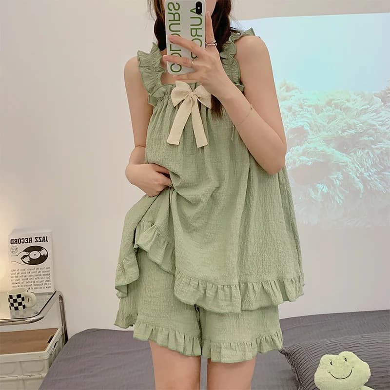Set da 2 pezzi da donna di camicia da notte Halter femminile Summer Bubble Cotton Princess Style Sweet And Cute Loose Homewear Suit leisuewear