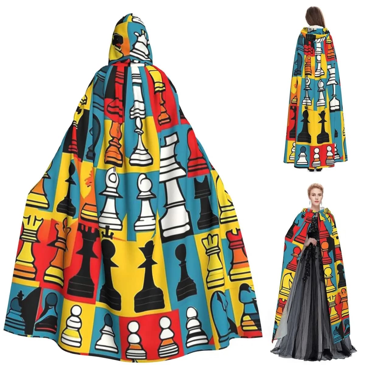 Cartoon Chess Pattern Long Hooded Cloak Witch Medieval Costume Cosplay Cape HalloweenParty Adult Unisex