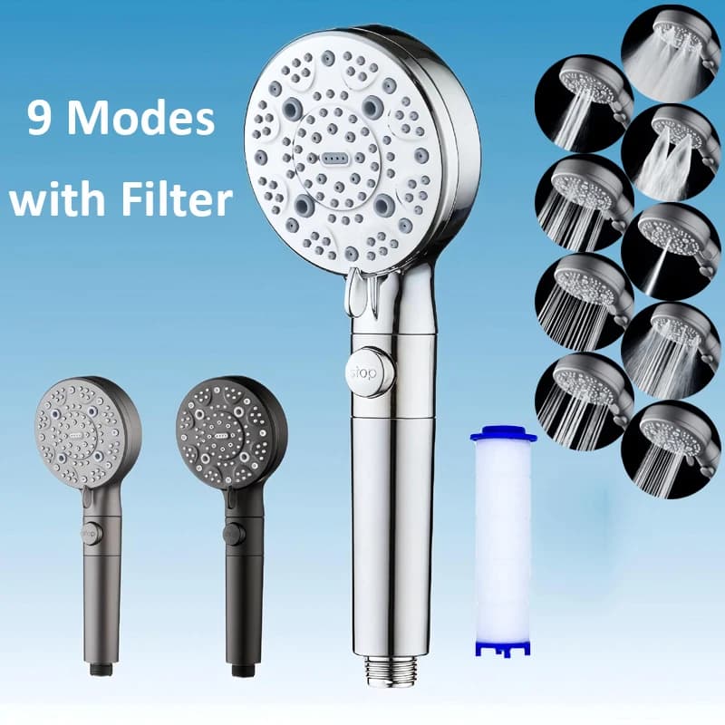 New adjustable shower head in 9 modes with button on/off bath tub high pressure massage filter shower mixer bathroom accessories Fuacet