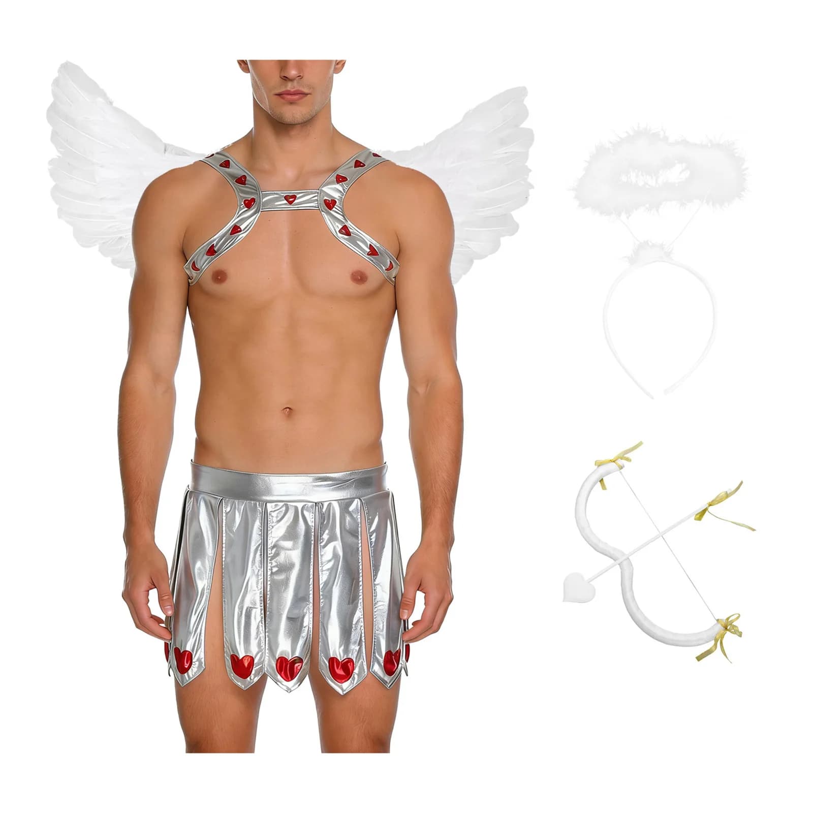 Costume da Cupido per San Valentino, Imbracatura Metallica a Cuore con Gonna con Spacco, Arco, Frecce e Ali, Travestimento da Dio Romano dell'Amore