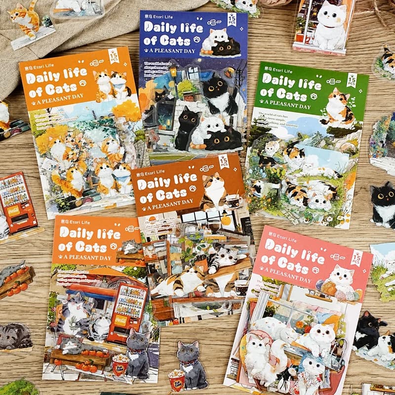 15pcs "A Day of Meow" PET Sticker Pack - Cute Cartoon Cat Theme, Waterproof Journal Decor, Pre-cut Collage Decoration
