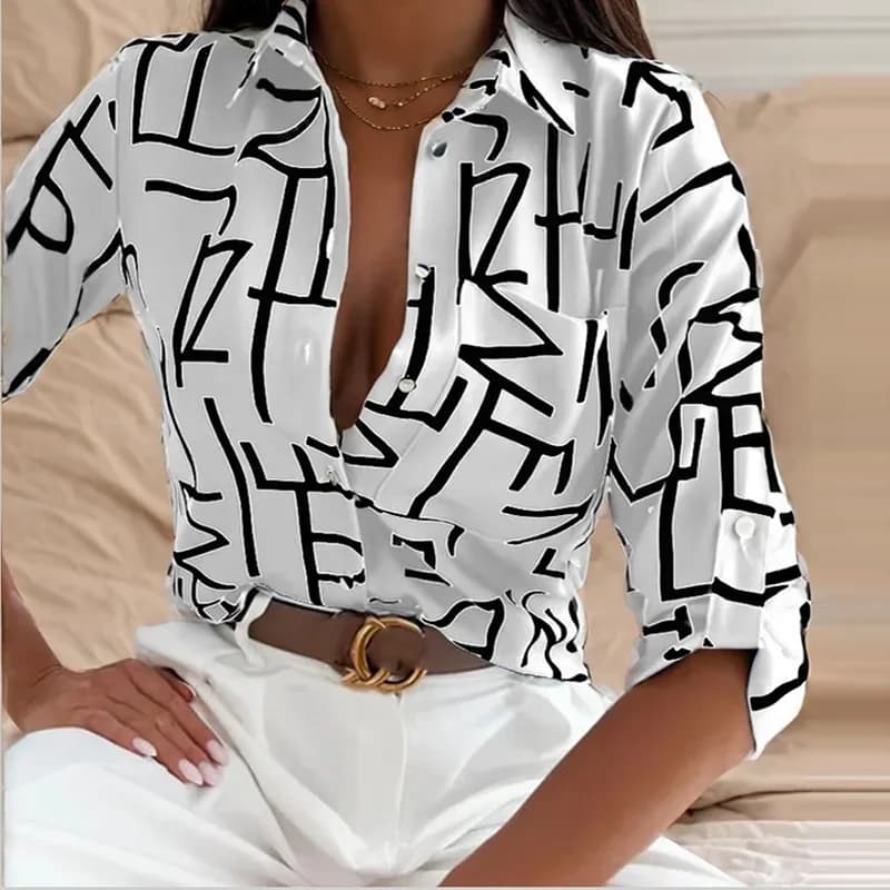 Stylish spring overturned women's shirt Colar Slim shirts with popular vintage print Top long sleeves women's fashion autumn office