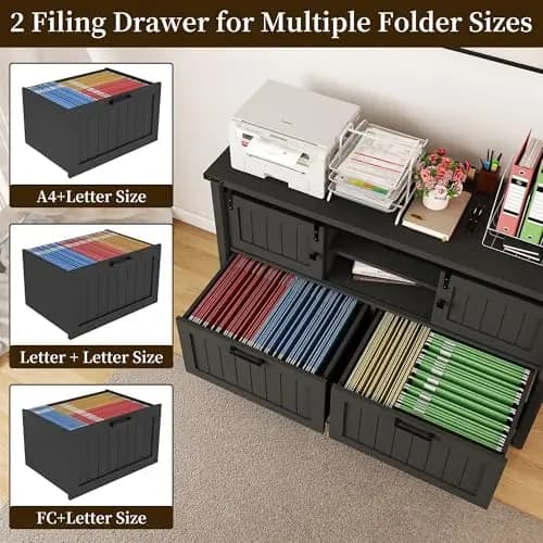 Black 2-Drawer Farmhouse File Cabinet With Power Outlets, USB Charging, Open Shelf For A4, Letter, FC Folder Sizes