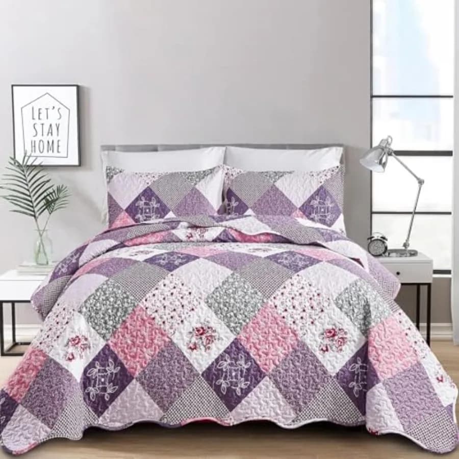 Quilt Set Size Reversible Floral Plaid Patchwork Pattern Bedding Set Soft Microfiber Lightweight Bedspread 3 Pcs Spring Summer