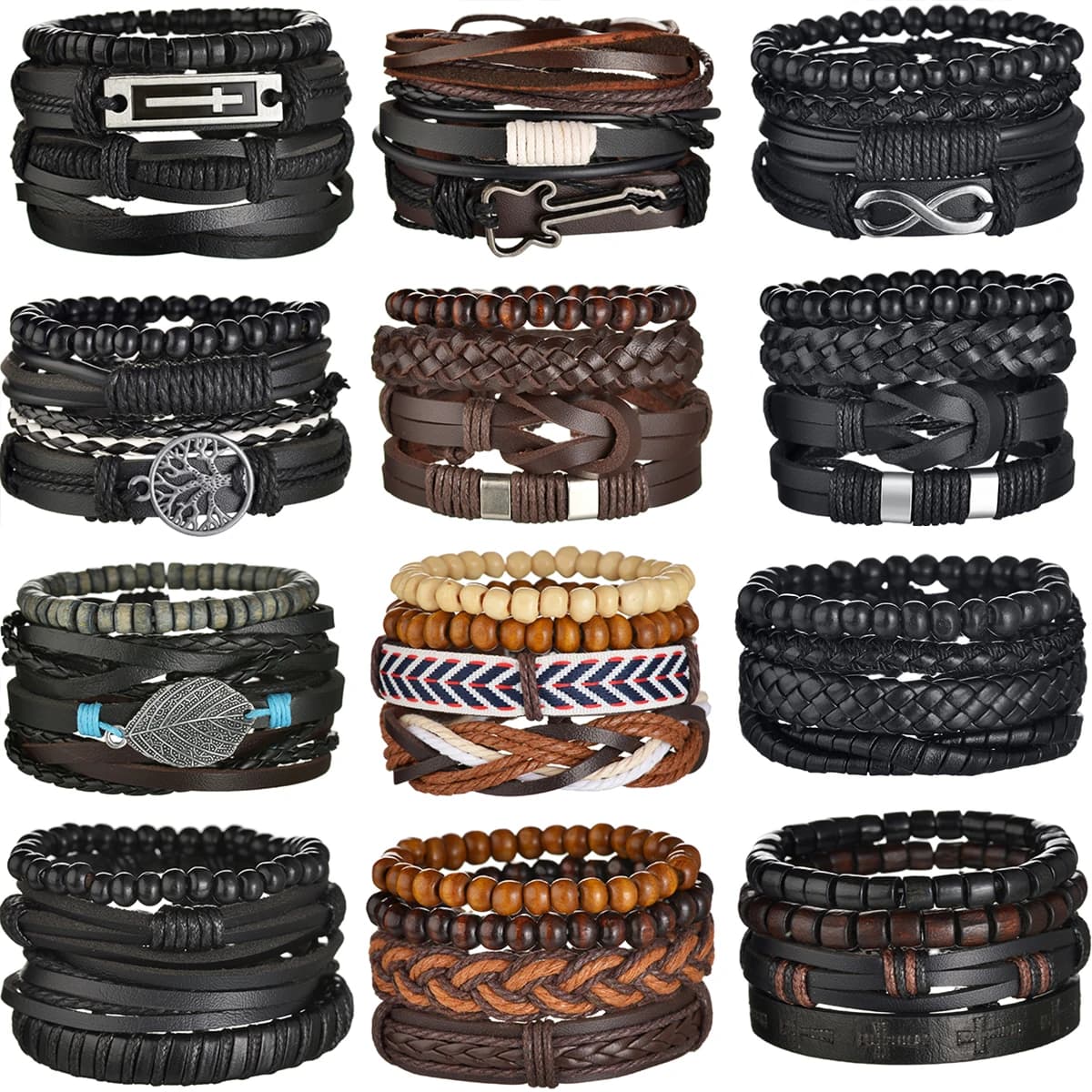 MeMolissa 3/4 Pz/set Bracciale In Pelle Intrecciata per Uomo Vintage Albero della Vita Chitarra Perline di Legno Braccialetti Maschili di Moda Polsino