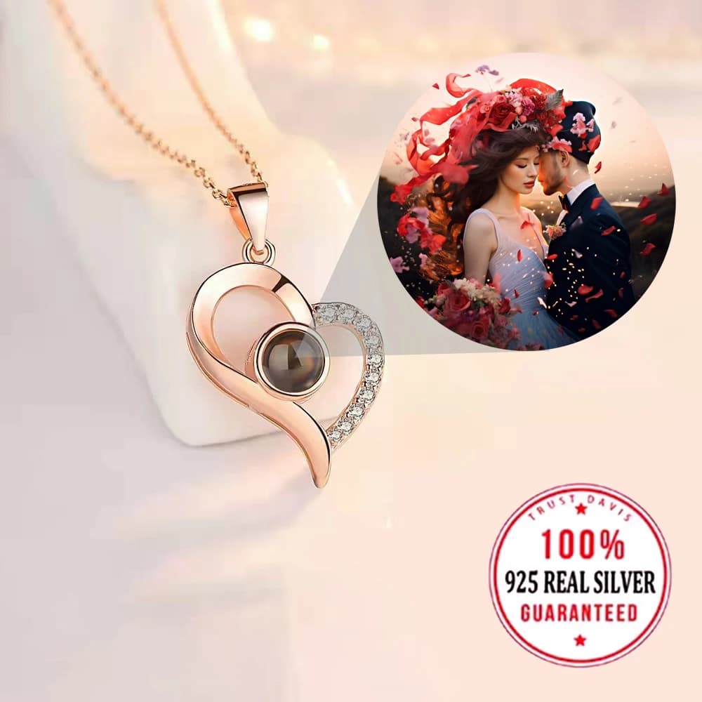 S925 Sterling Silver Custom Color Picture Projection Necklace Heart Pendant For Mom Girlfriend Valentine Birthday Romantic Gifts