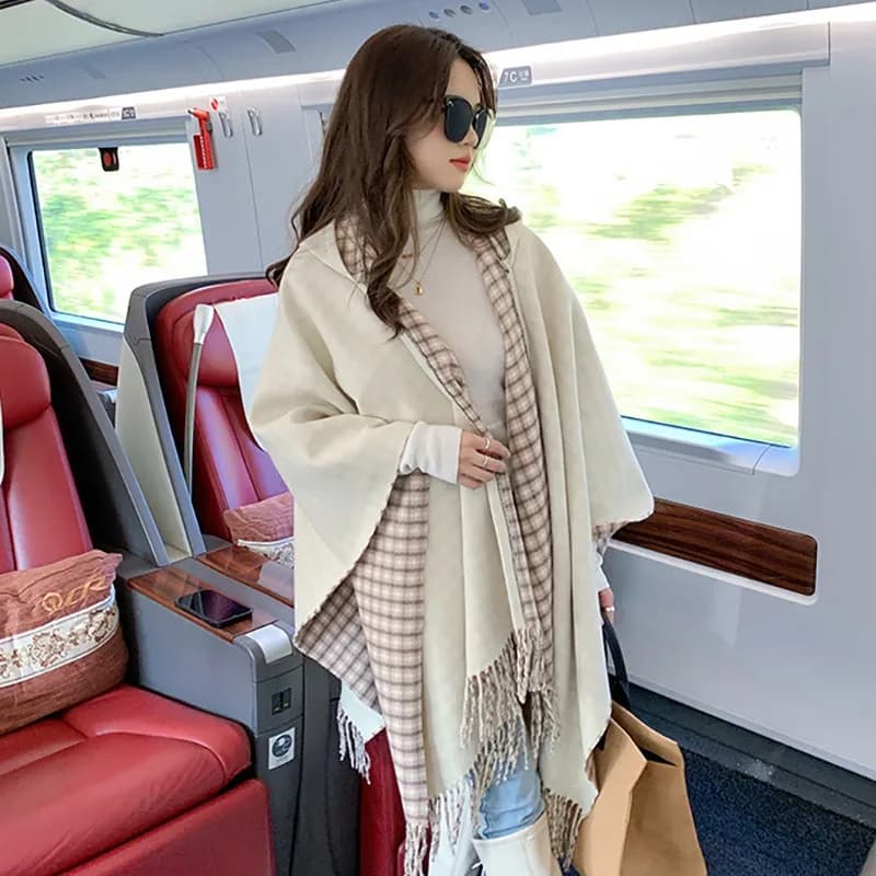 6 Mantella lunga da donna in finta lana a doppio lato soprabito con cappello mantello diviso grande pendolo cardigan a righe scialle allentato poncho