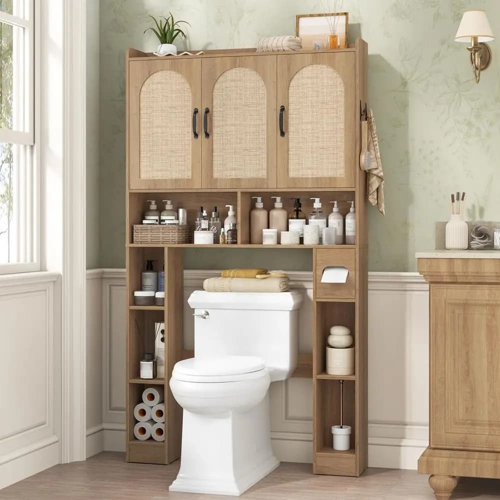 Space-Saving Toilet Storage Cabinet with 3 Shelves and Toilet Paper Holder