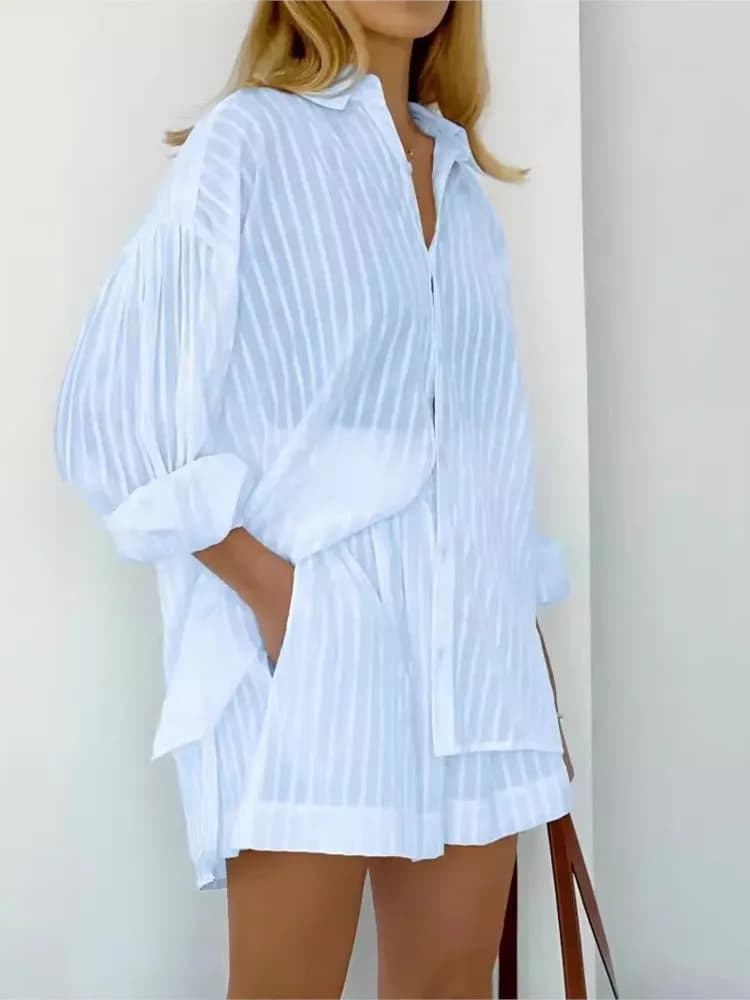 2024 Primavera Estate Cotone solido Breve Set a due pezzi Camicie a maniche lunghe a righe da donna Pantaloncini Set da 2 pezzi Abito da donna stile semplice
