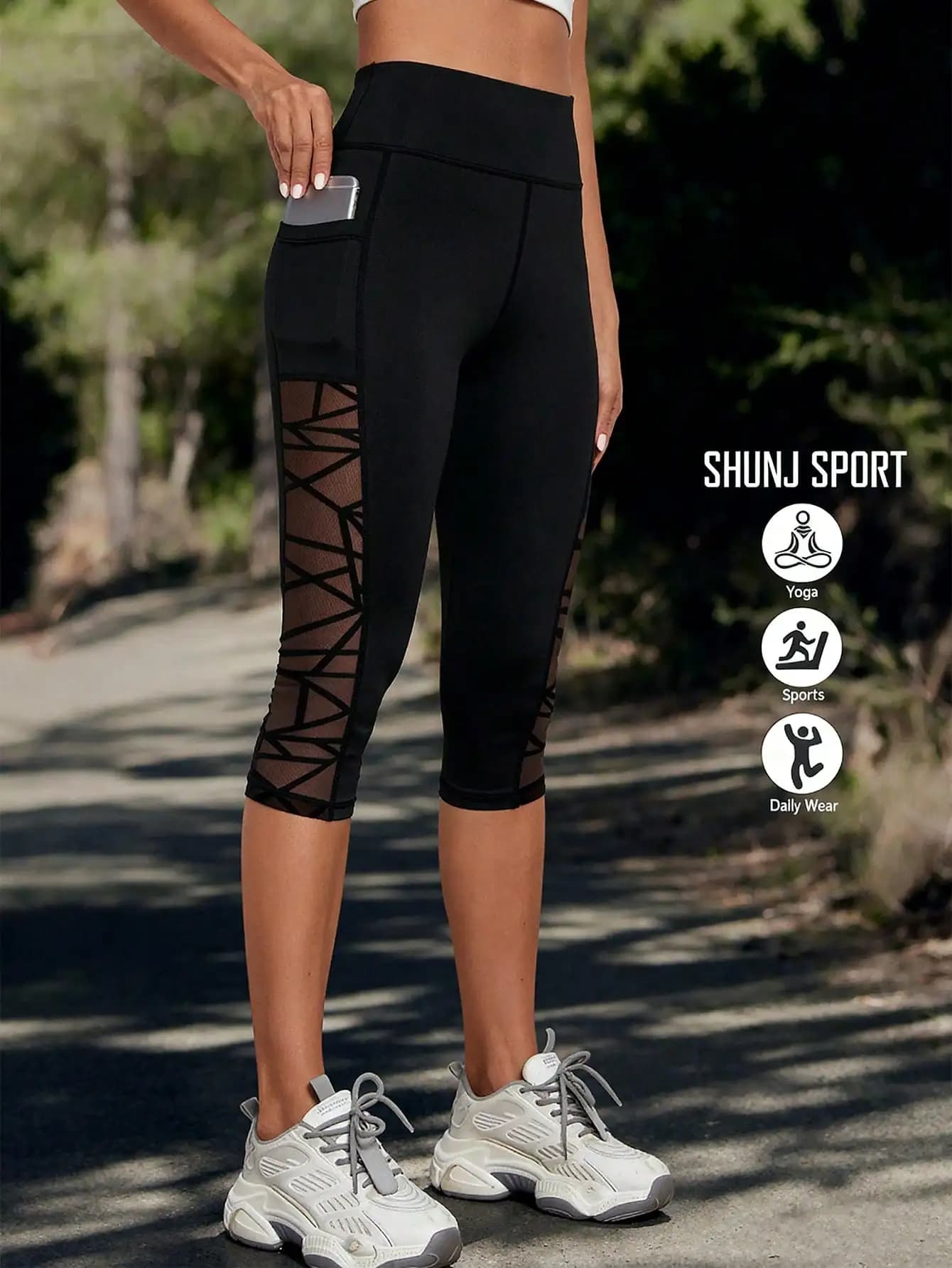Pantaloni da yoga in rete geometrica da donna, neri, ad asciugatura rapida, traspiranti, per corsa, allenamento, leggings sportivi da esterno, slim, capri, fitness, tights