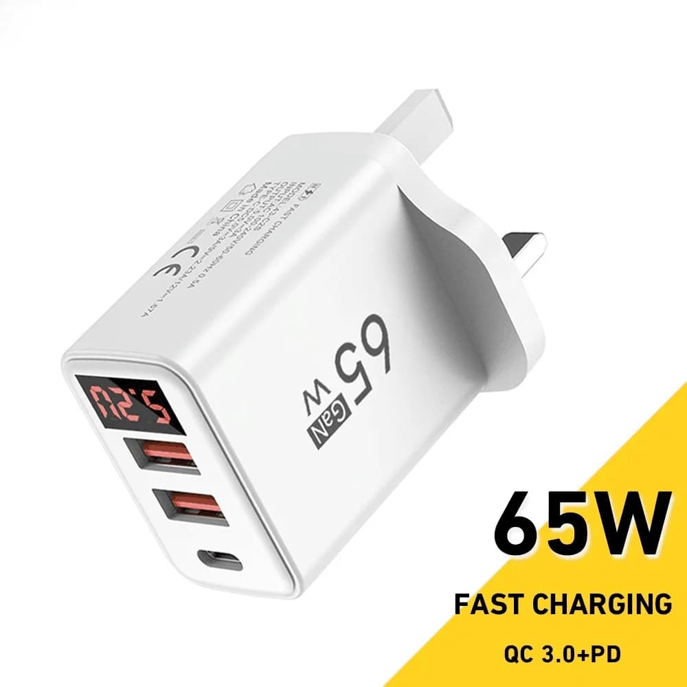 Caricatore USB C GaN da 65W con ricarica rapida PD, adattatore di alimentazione per iPhone, Samsung, Xiaomi, con spina EU/US/UK, caricatore a ricarica rapida.