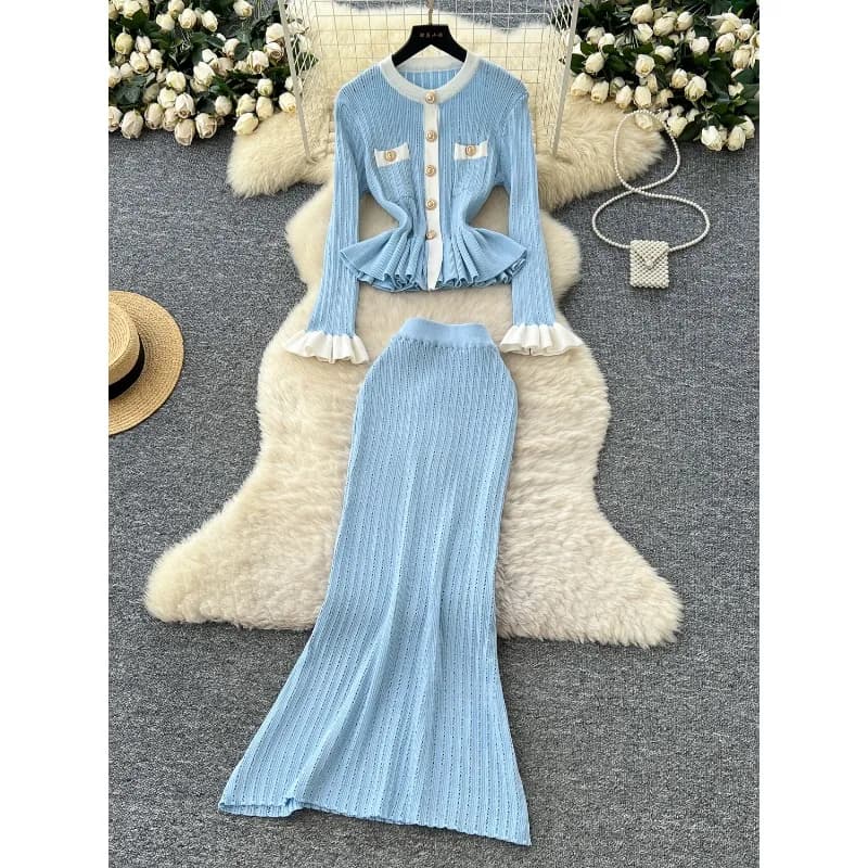 Abbigliamento elegante Set da due pezzi Abito da donna con gonna maglione con orlo a foglia di loto a maniche lunghe con fibbia in metallo a contrasto di colore moda autunnale